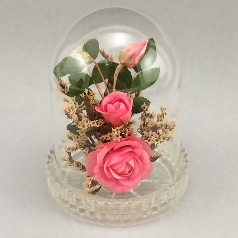 Vintage 80s Glass Domed Cloche Artificial Silk Pink Roses and Dried Flowers